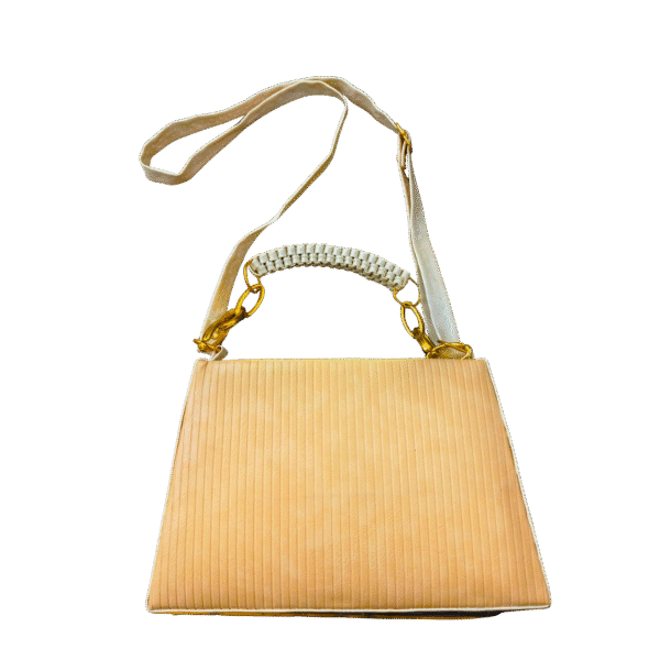 Elegant Beige Textured Handbag with Woven Handle & Adjustable Strap