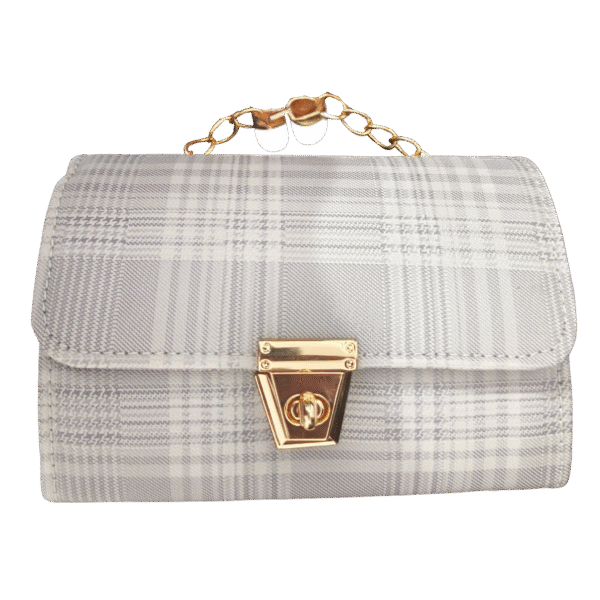 Classic Grey Checkered Handbag with Golden Chain Handle & Lock Closure