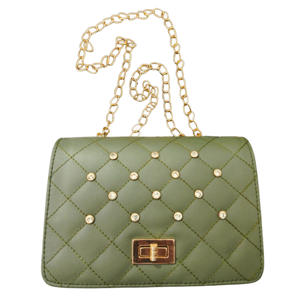 Olive Green Quilted Sling Bag with Diamond Studs & Gold Chain Strap