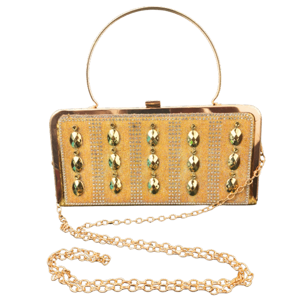 Golden Embellished Party Clutch with Chain Handle & Metallic Frame